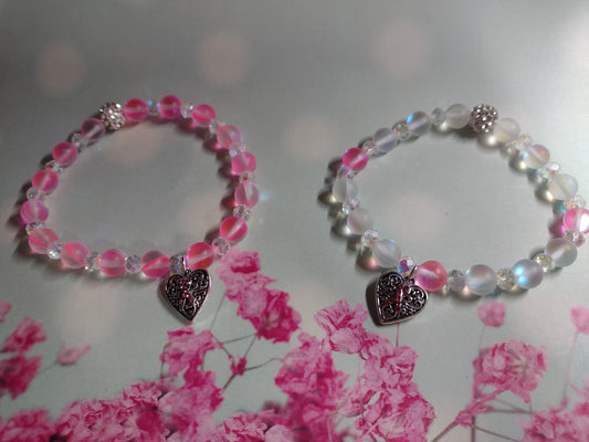Breast Cancer Awareness Bracelet w/ Rhinestone Ribbon Heart Charm & Mermaid Beads