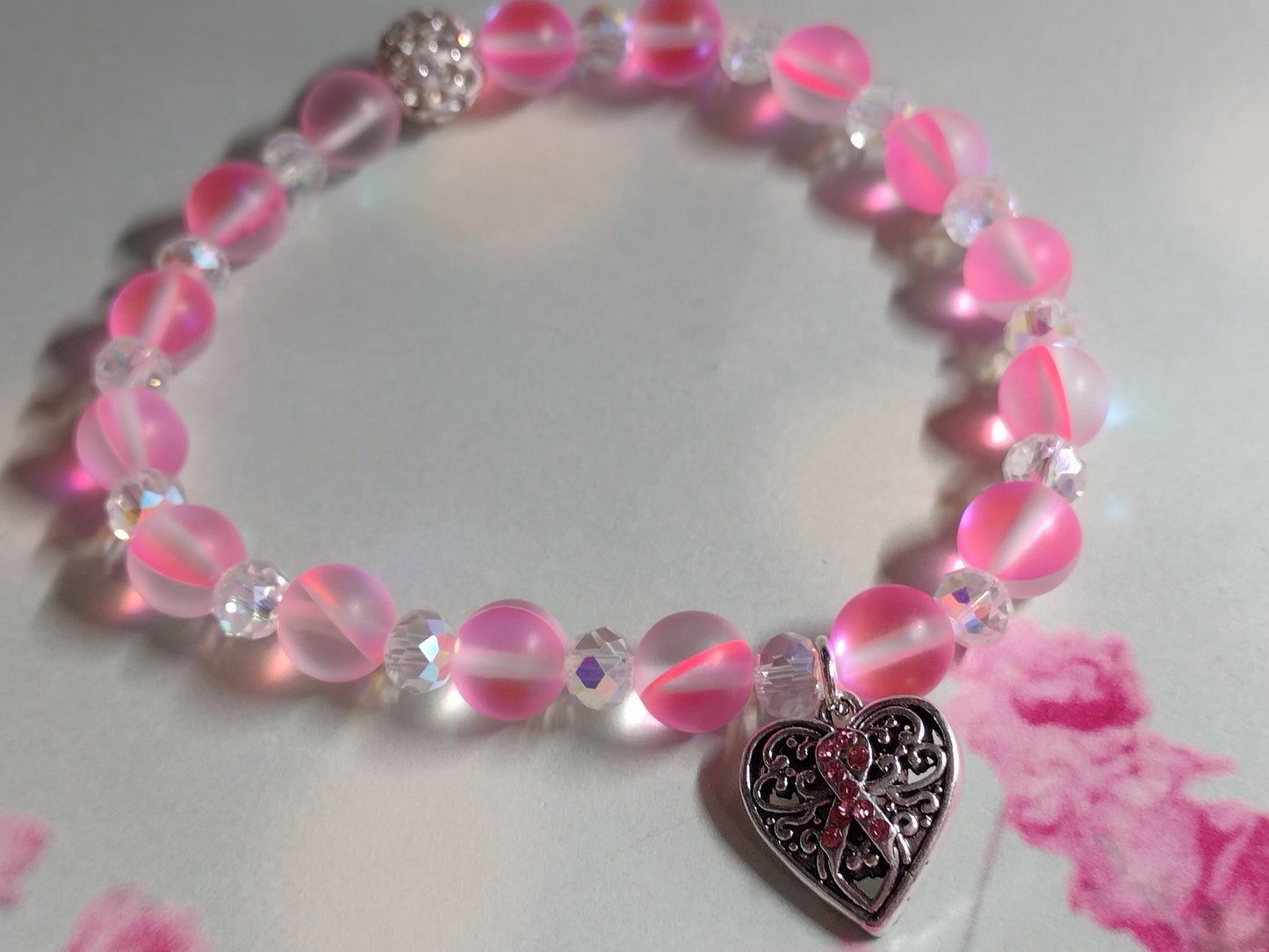 Breast Cancer Awareness Bracelet w/ Rhinestone Ribbon Heart Charm & Mermaid Beads