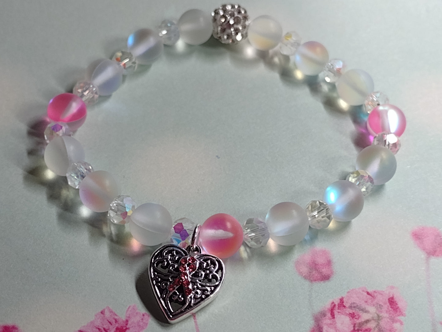 Breast Cancer Awareness Bracelet w/ Rhinestone Ribbon Heart Charm & Mermaid Beads