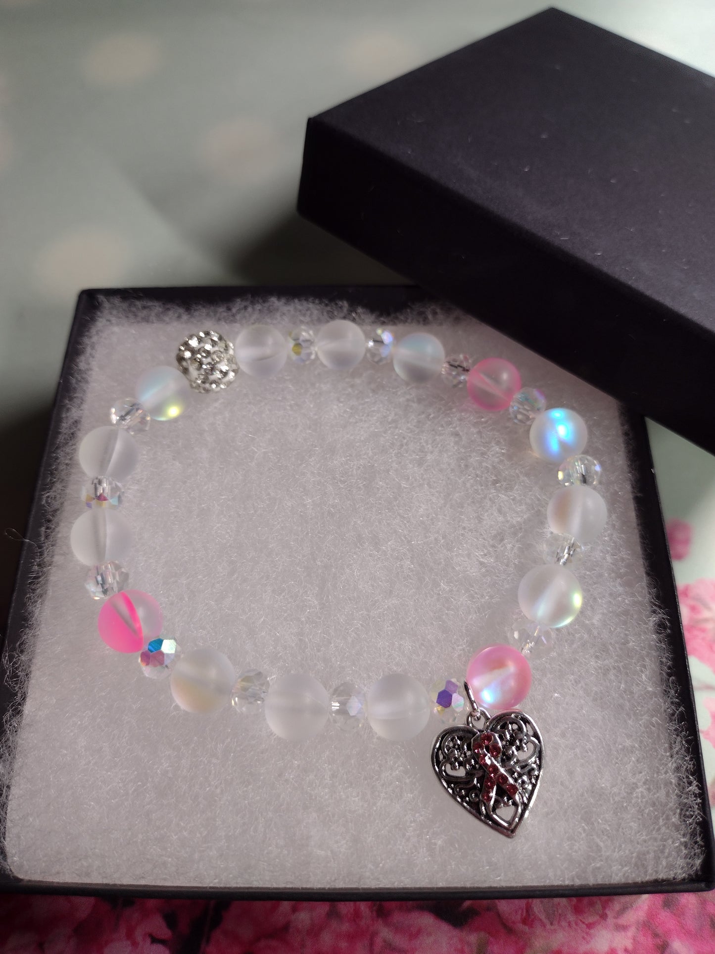 Breast Cancer Awareness Bracelet w/ Rhinestone Ribbon Heart Charm & Mermaid Beads