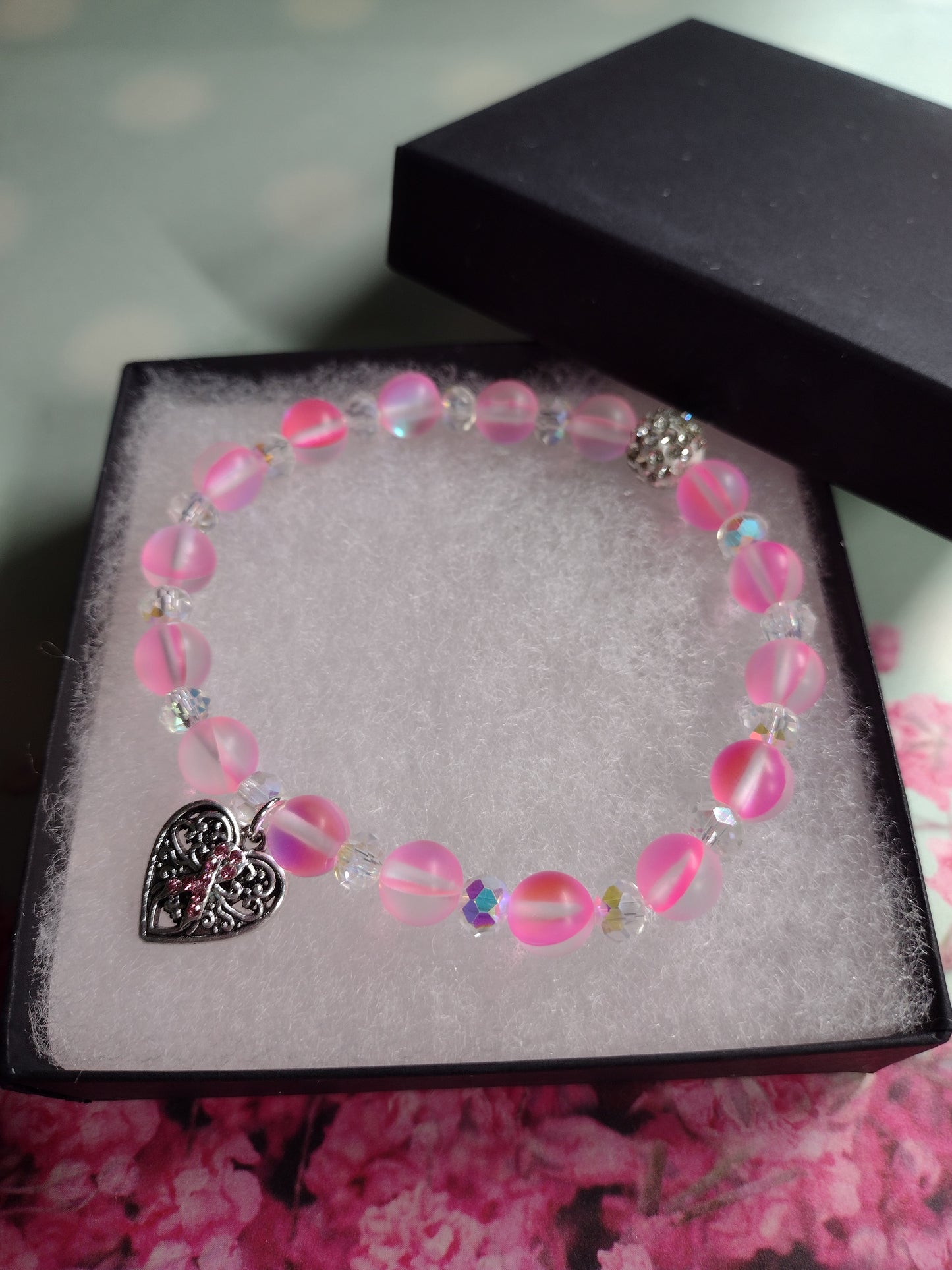 Breast Cancer Awareness Bracelet w/ Rhinestone Ribbon Heart Charm & Mermaid Beads