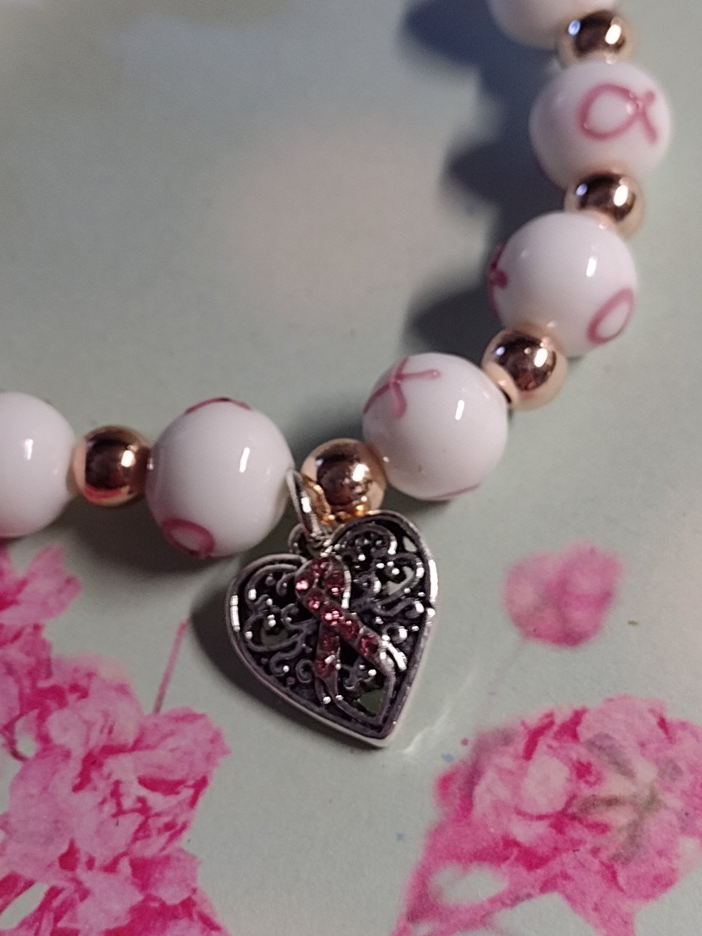 Breast Cancer Awareness Stretch Bracelet w/ Filigree Rhinestone Ribbon Heart Charm