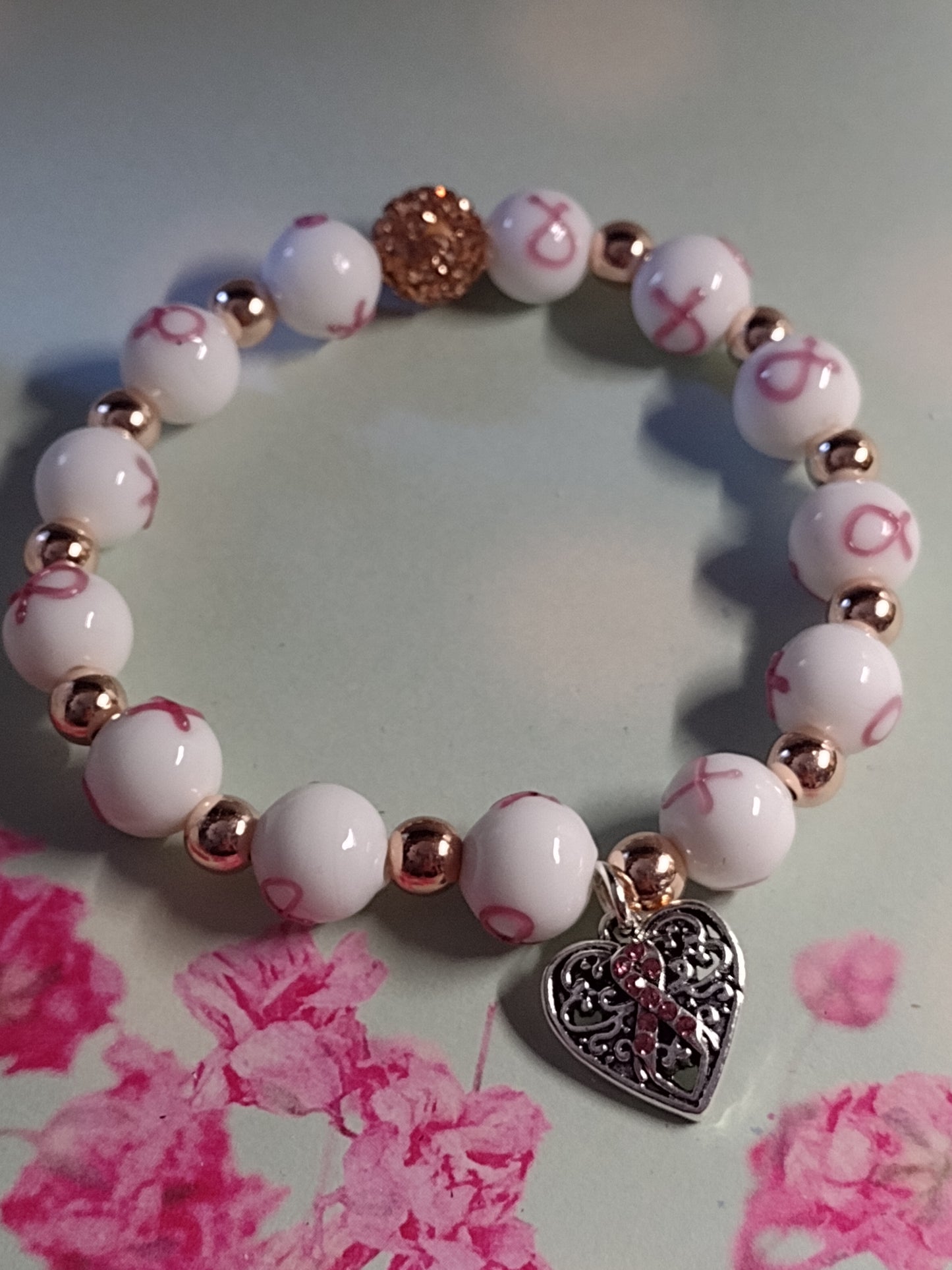 Breast Cancer Awareness Stretch Bracelet w/ Filigree Rhinestone Ribbon Heart Charm