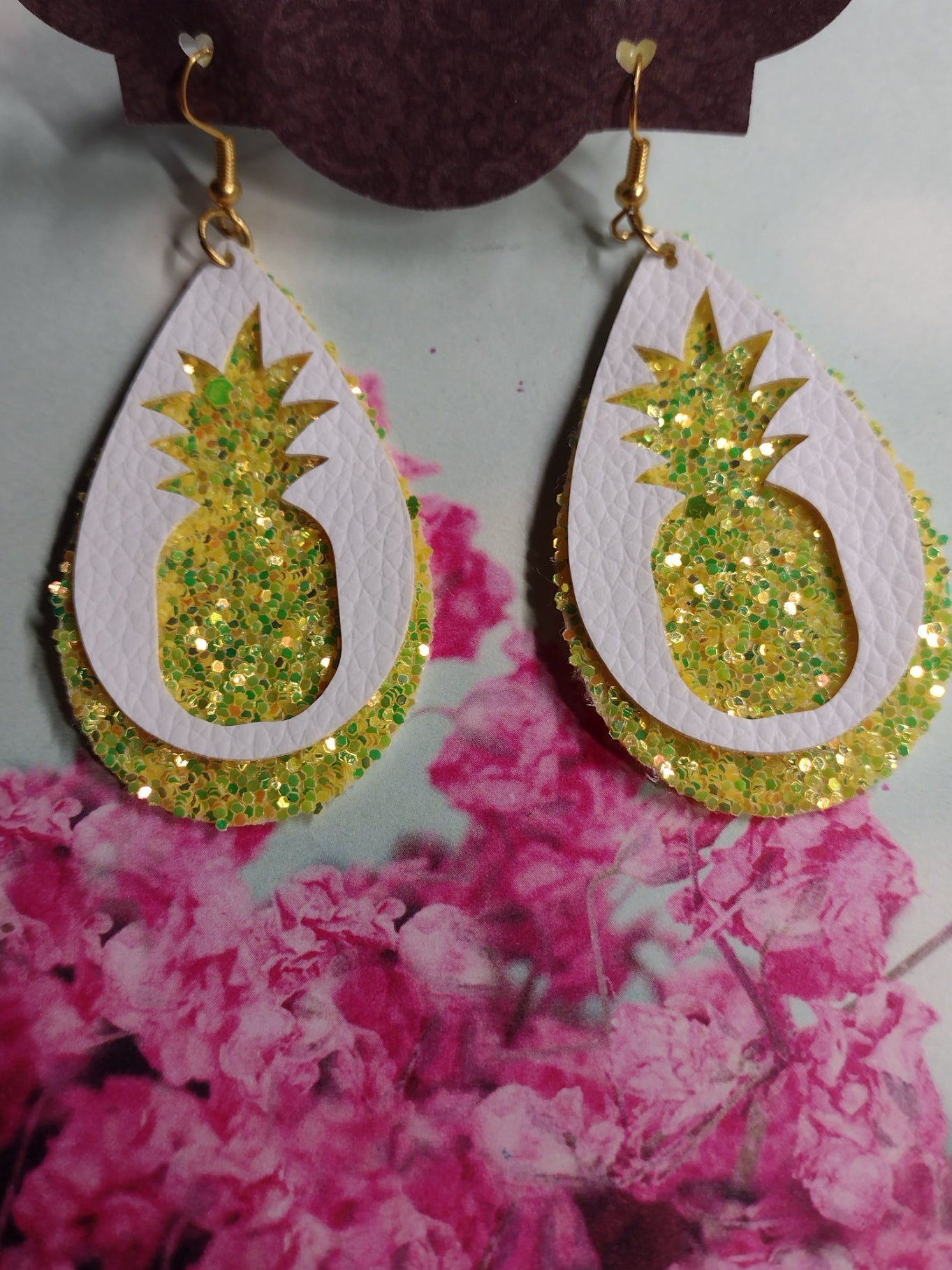 Faux Leather Glittery Pineapple Tear Drop Earrings