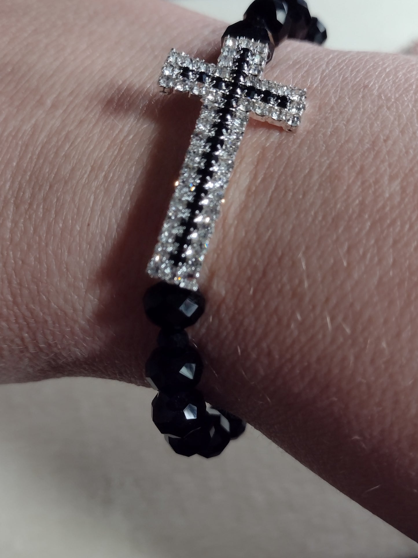 Black/Clear Rhinestone Cross Black Briolette Bracelet