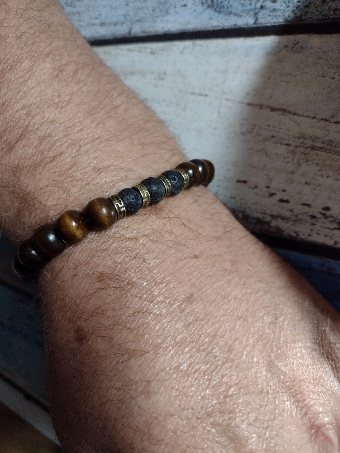 Wood and Lava Beaded Stretch Bracelet