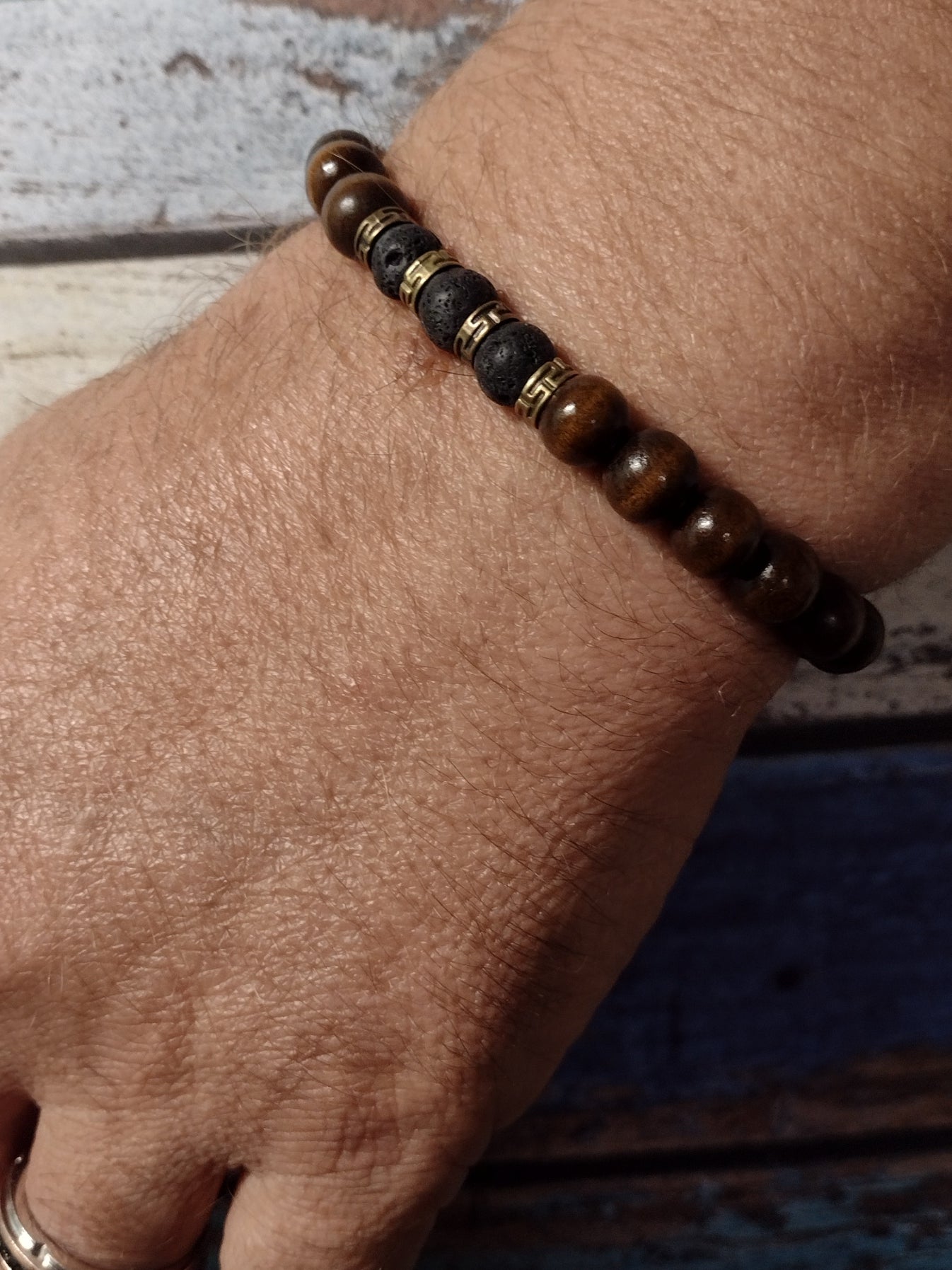 Wood and Lava Beaded Stretch Bracelet