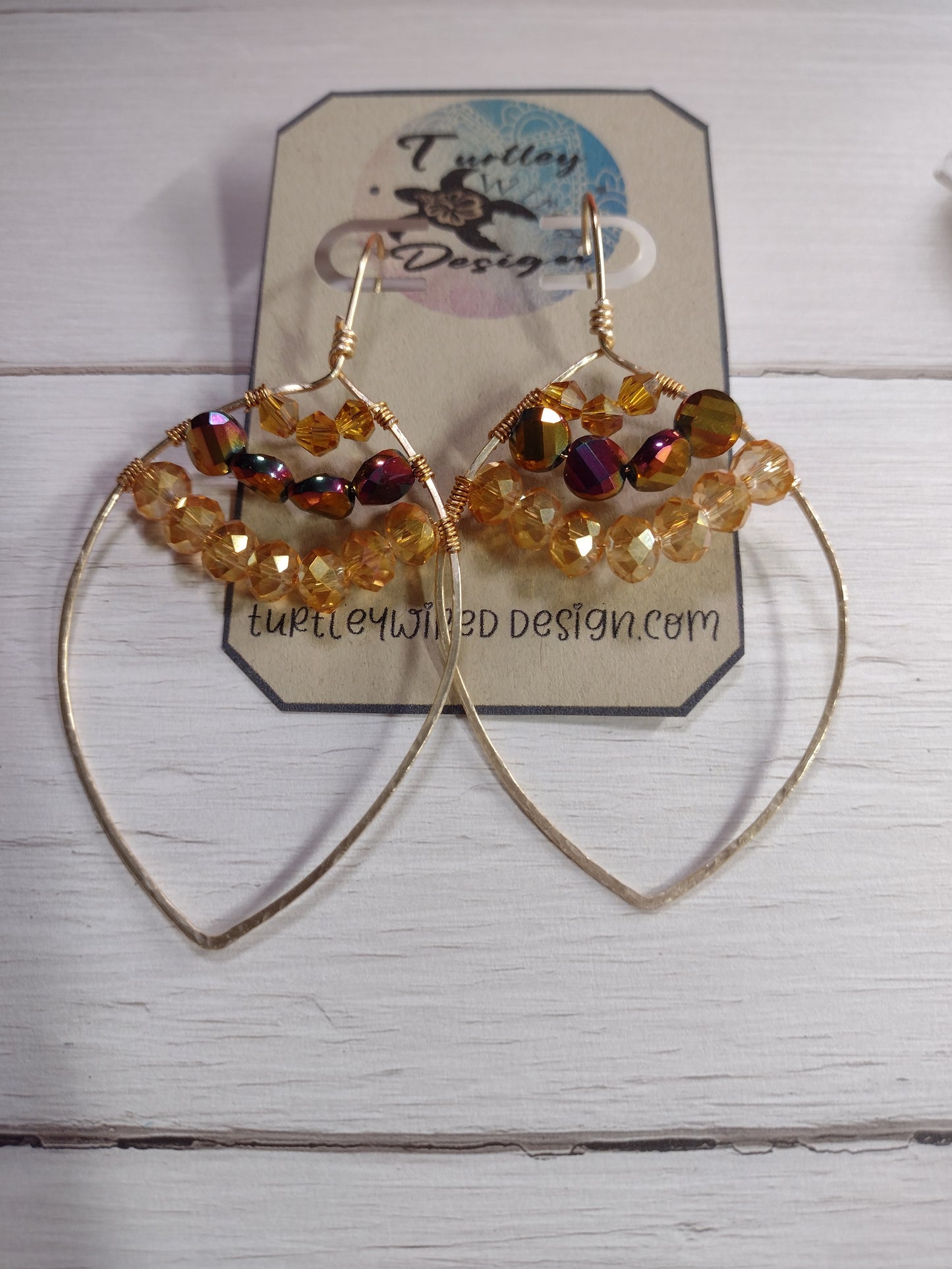 Gold Tone Wire Beaded Marquise Shaped Earrings