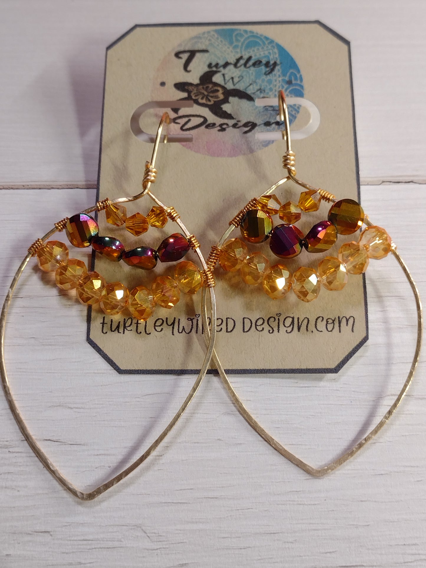 Gold Tone Wire Beaded Marquise Shaped Earrings