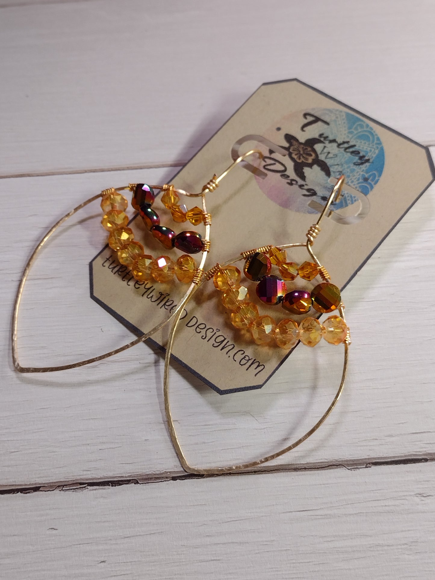 Gold Tone Wire Beaded Marquise Shaped Earrings