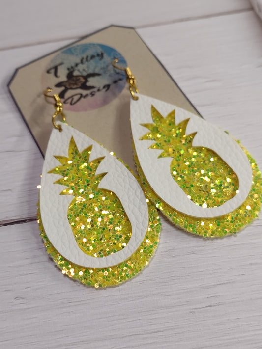 Faux Leather Glittery Pineapple Tear Drop Earrings