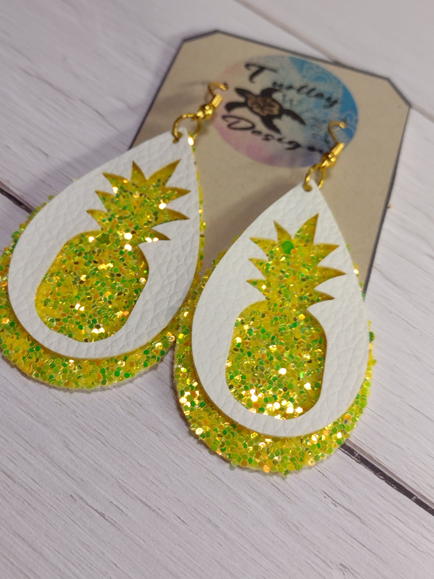 Faux Leather Glittery Pineapple Tear Drop Earrings