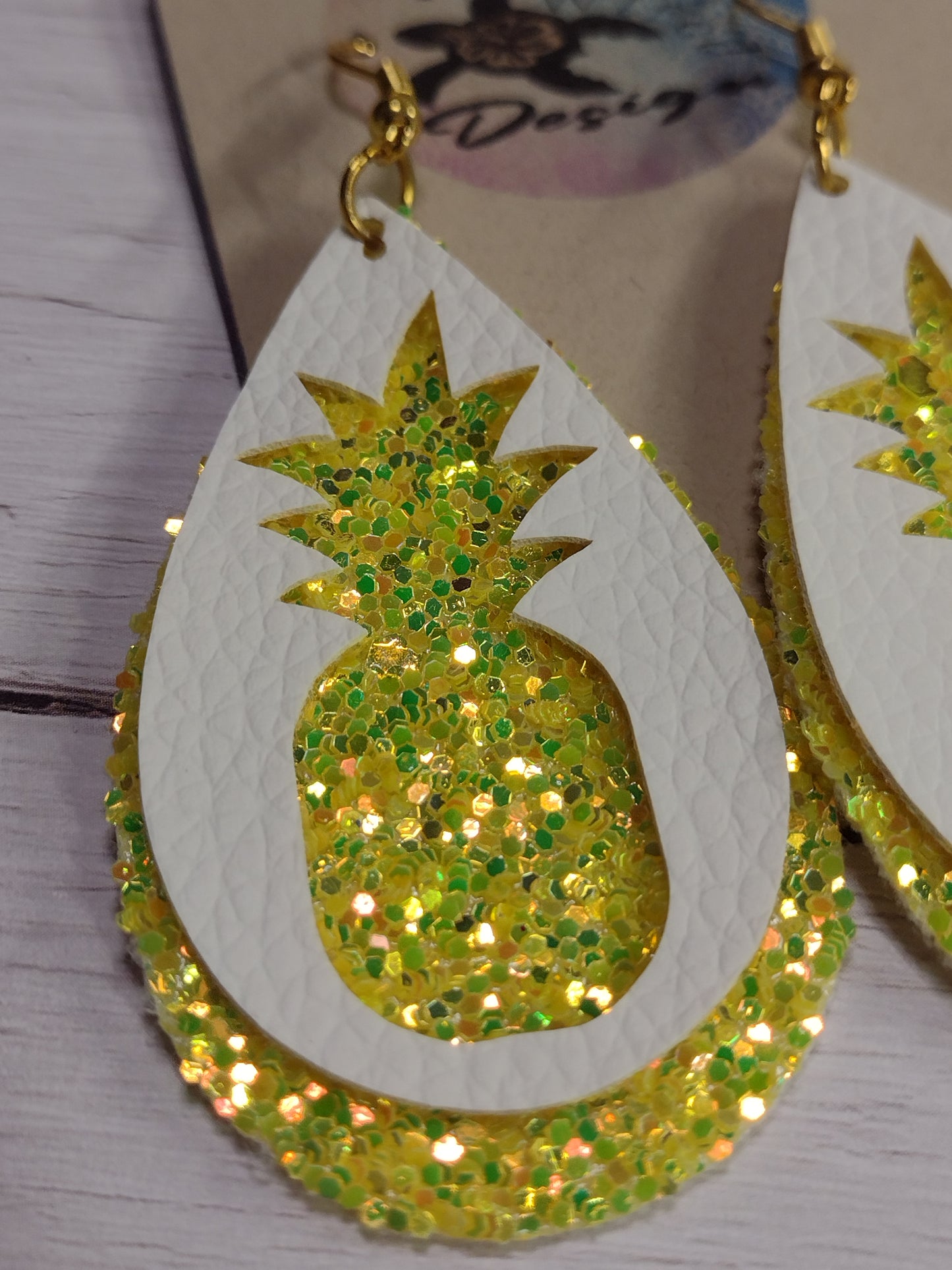 Faux Leather Glittery Pineapple Tear Drop Earrings