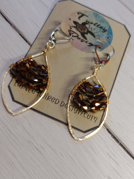 Wire Wrapped Beaded Marquise Shaped Earrings